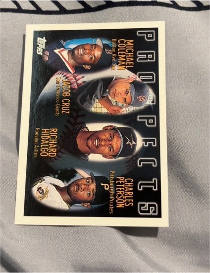 1996 Topps #438 Prospects Michael Coleman/Jacob Cruz/Richard Hidalgo/Charles Peterson — front