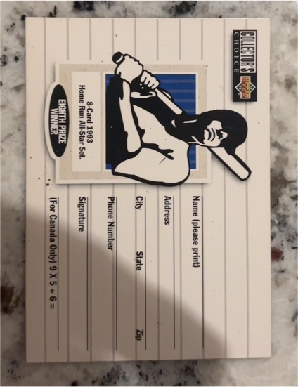 1993 Upper Deck Collector's Choice Home Run All-Star Set Redemption Card — front
