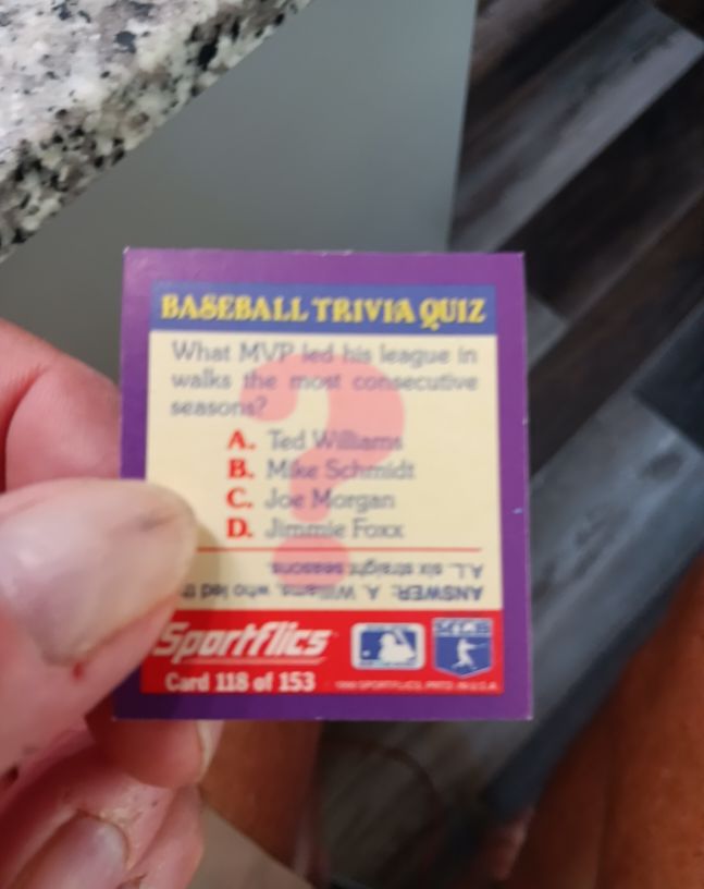 1990 Sportflics #118 Baseball Trivia Quiz Ted Williams — front