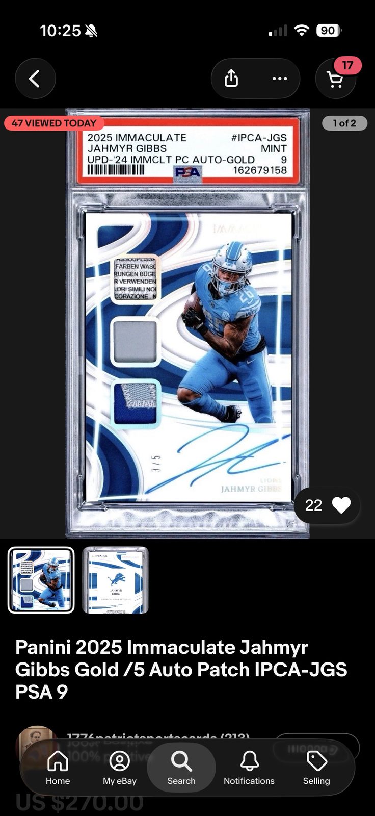 2025 Panini Immaculate #IPCA-JGS Jahmyr Gibbs — front