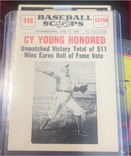 1961 Nu-Cards Baseball Scoops #448 Cy Young Honored — front