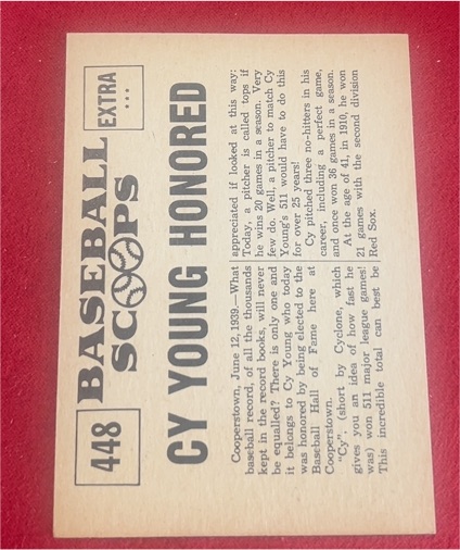 1961 Nu-Cards Baseball Scoops #448 Cy Young Honored — front