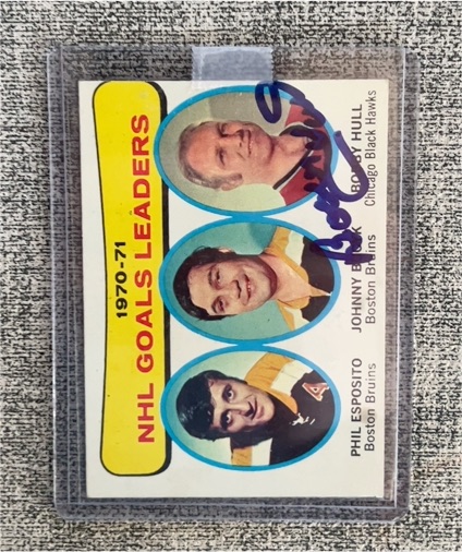 1971-72 Topps #1 NHL Goals Leaders Phil Esposito Johnny Bucyk Bobby Hull — front