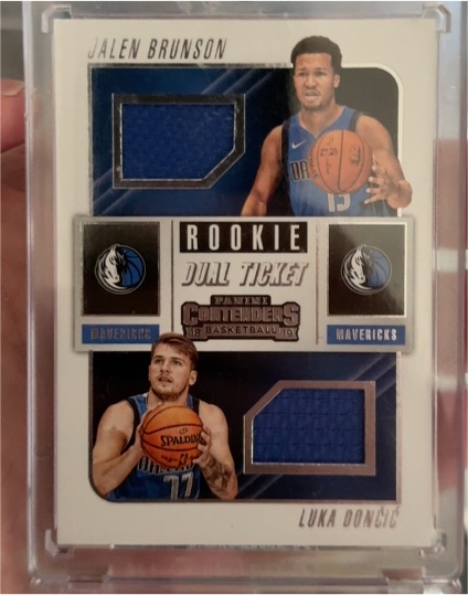 2018-19 Panini Contenders Rookie Ticket Dual Swatches #RD-LJ Jalen Brunson / Luka Dončić — front
