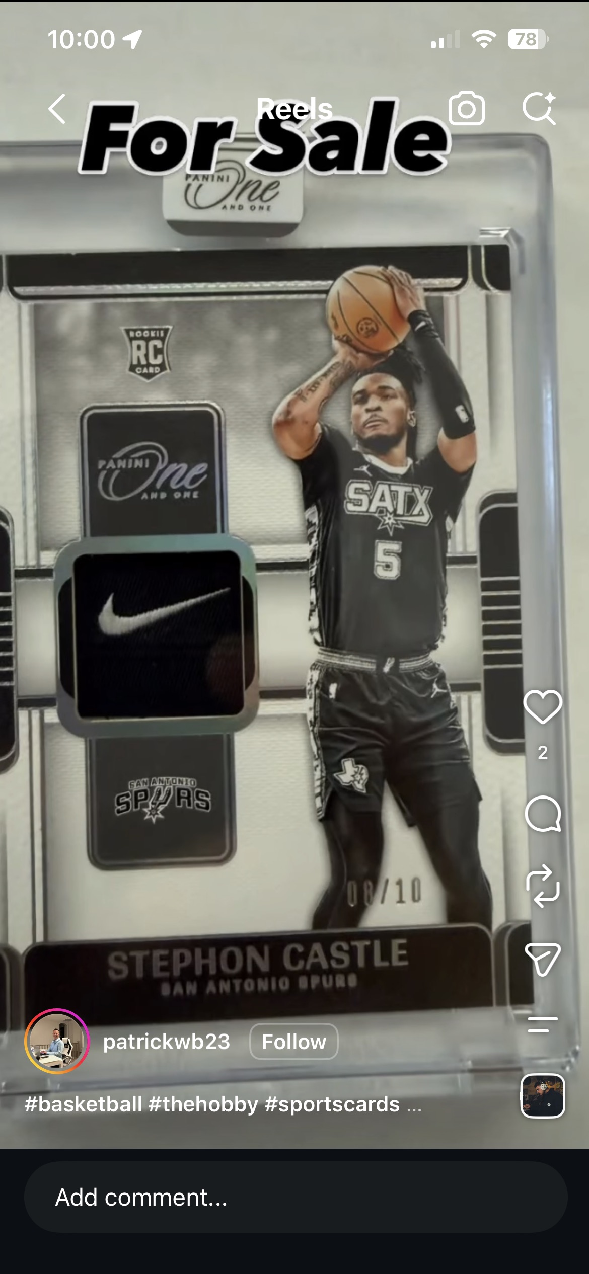 2024 Panini One and One Stephon Castle Rookie Memorabilia Nike Patch — front