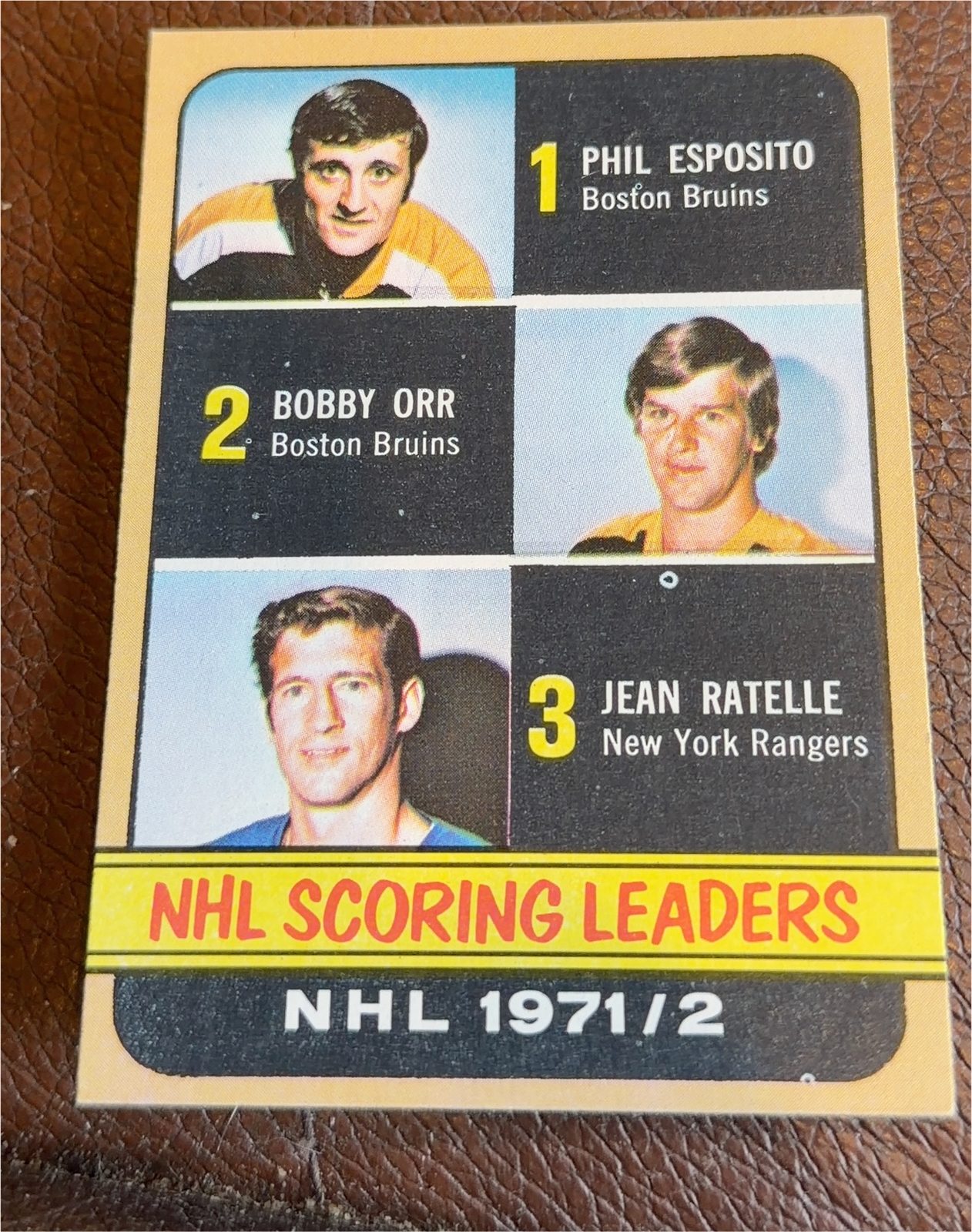 1972 Topps #1 NHL Scoring Leaders Phil Esposito, Bobby Orr, Jean Ratelle — front