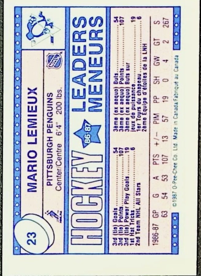 1987 O-Pee-Chee #23 Mario Lemieux — front