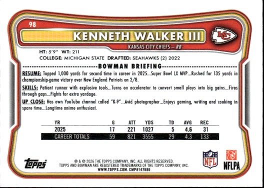 2026 Bowman Football #98 Kenneth Walker III — front