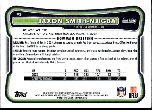 2026 Bowman #92 Jaxon Smith-Njigba — front