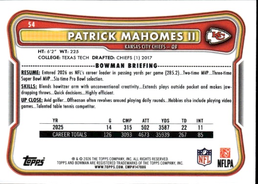 2026 Topps Bowman #54 Patrick Mahomes II — front