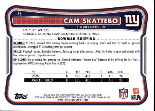 2025 Bowman #78 Cam Skattebo — front
