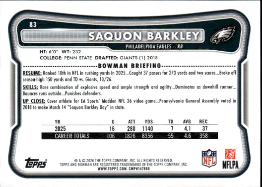 2026 Topps #83 Saquon Barkley — front