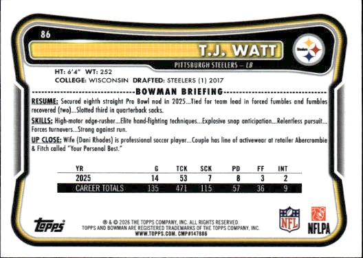 2026 Bowman #86 T.J. Watt — front