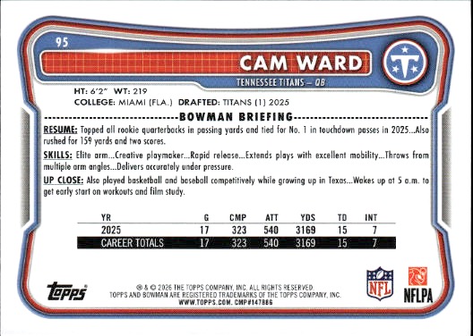 2025 Bowman Football #101 Cam Ward — front