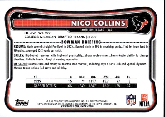 2025 Bowman Football #43 Nico Collins — front