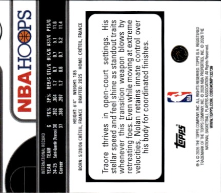 2025 Panini NBA Hoops #266 Nolan Traore — back