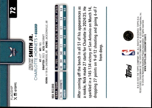 2025 Topps Basketball #72 Nick Smith Jr. — back