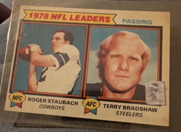1979 Topps #1 Passing Leaders: Roger Staubach / Terry Bradshaw — front
