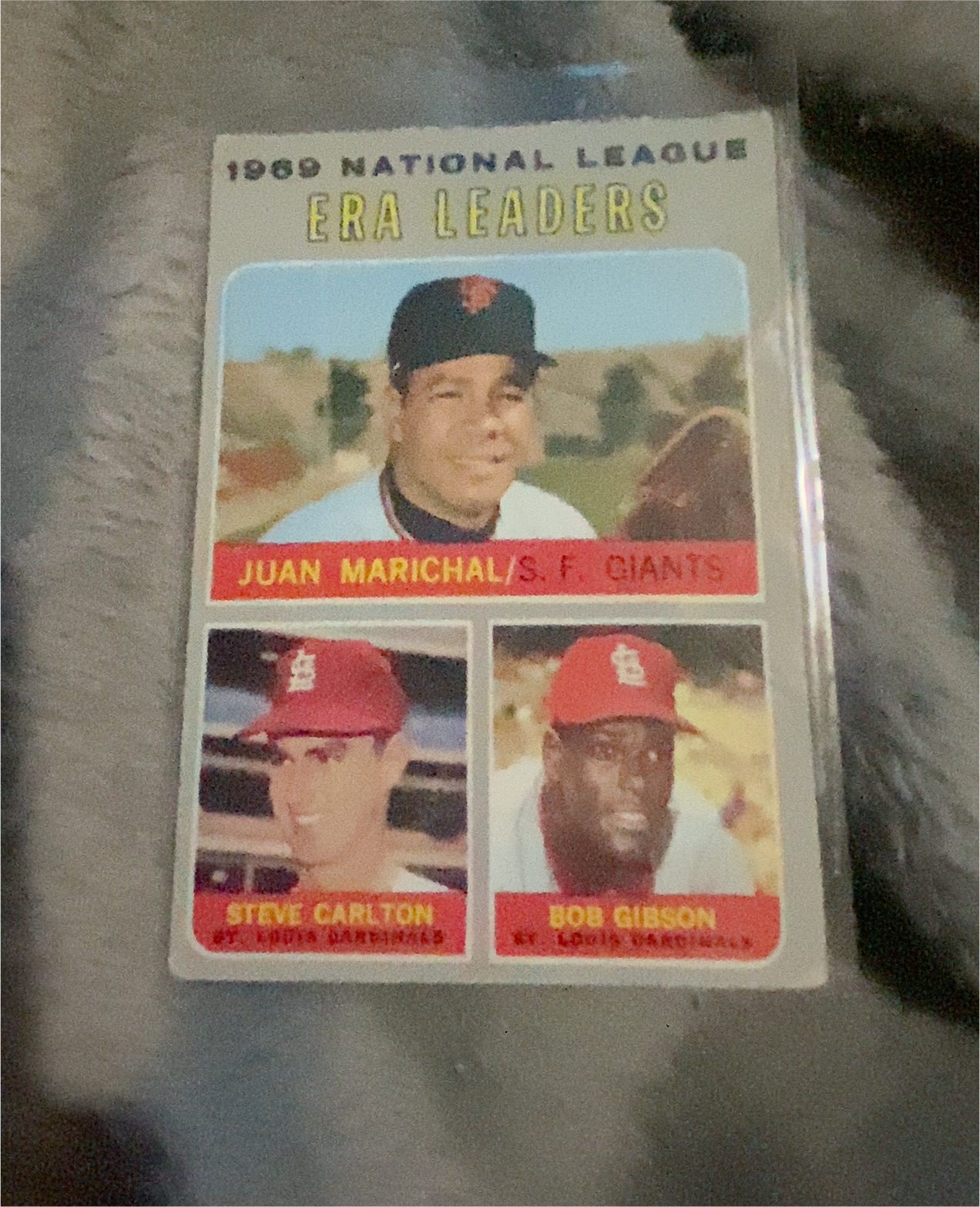 1970 Topps #67 1969 National League ERA Leaders: Juan Marichal / Steve Carlton / Bob Gibson — front